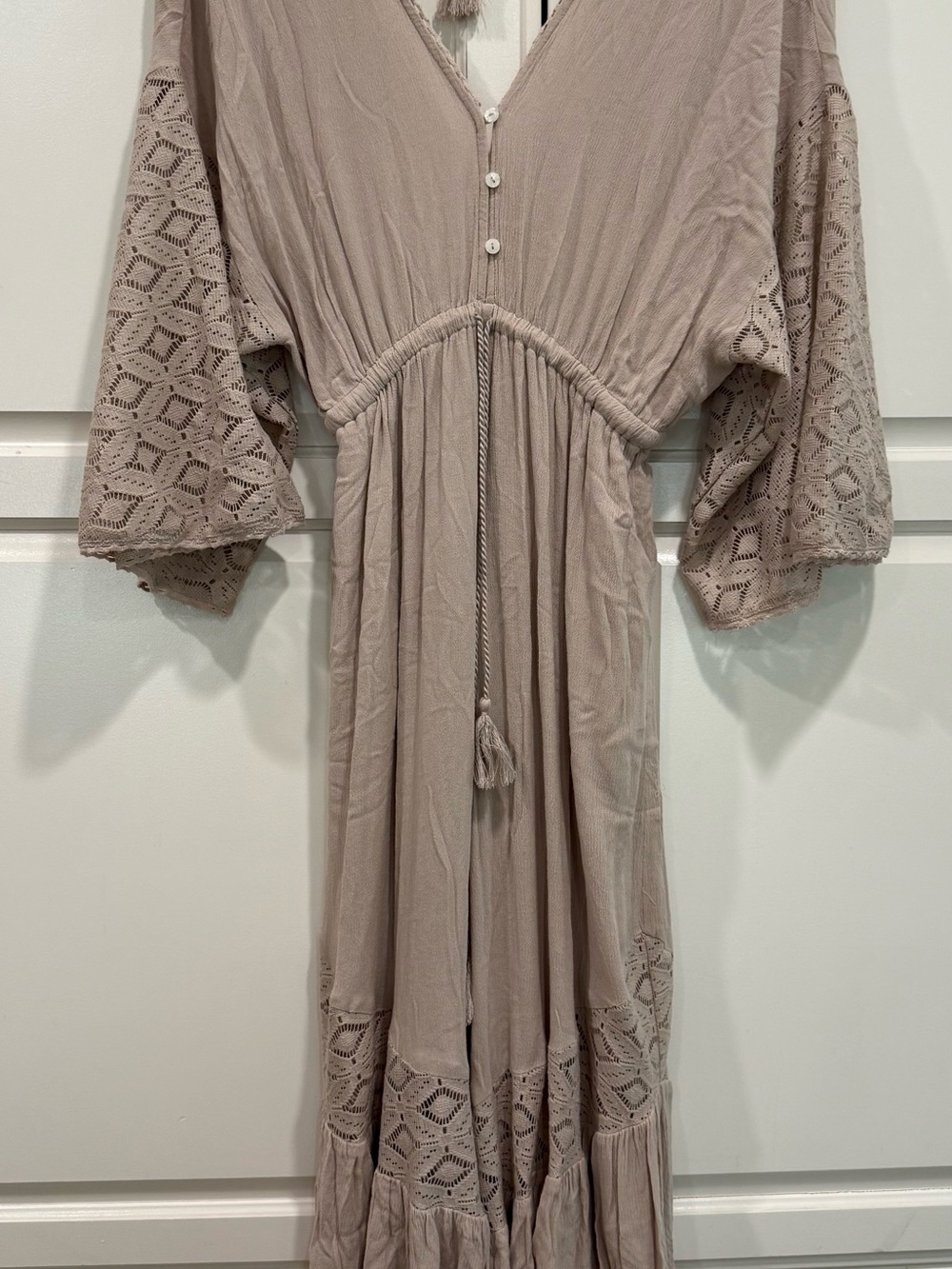 Miou Muse Bohemian Jumpsuit Wide Leg Crochet Cream Beige Size Medium - Picture 3 of 9